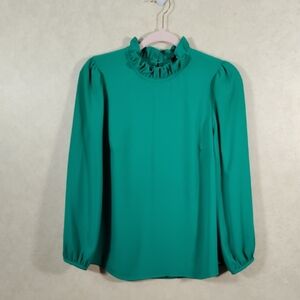 2/$10 04179 J. Crew green long sleeve ruffle neck blouse S